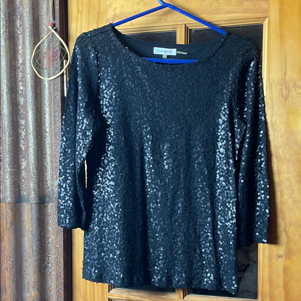 Calvin Klein Black Sequin Long Sleeve Top, Size S